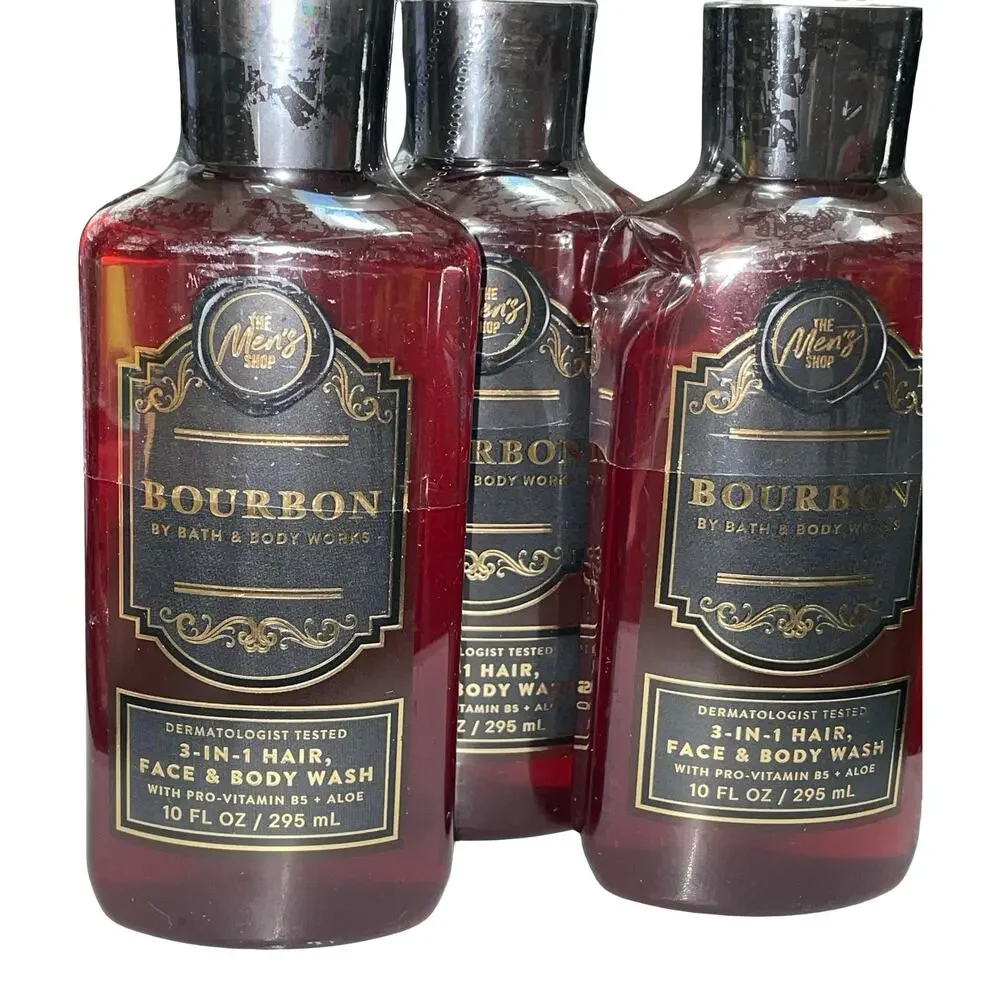 Bath & Body Works Bourbon Men's 3-in-1 Hair Face Body Wash 10oz Lot Set of 3 BBW